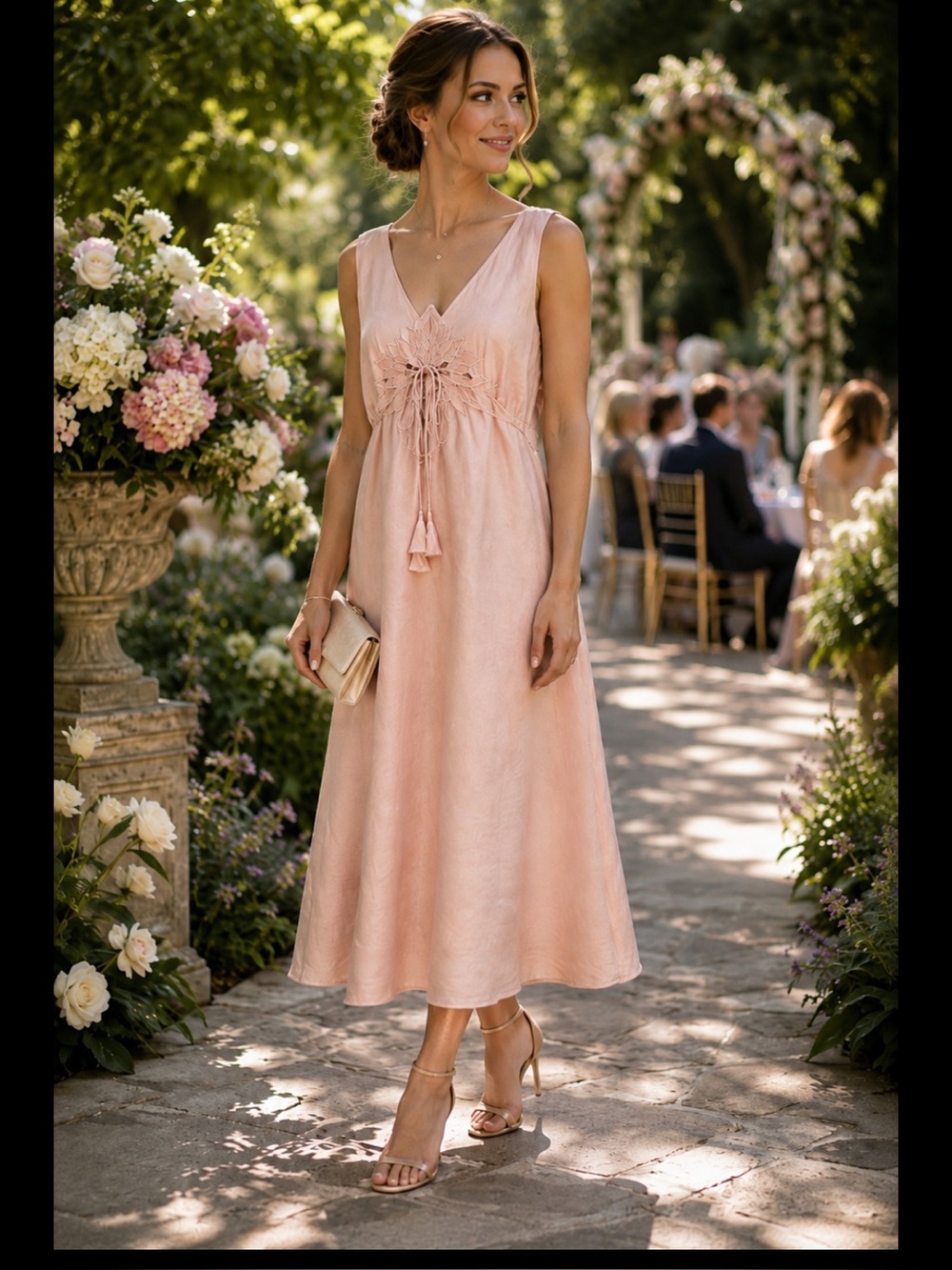 Adrianna Papell Woman 18W Blush Linen Embroidered Drawstring Midi Dress